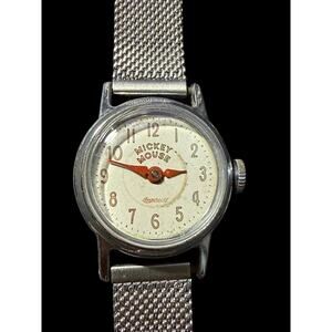 Vintage Ingersoll Mickey Mouse Watch Women's Silver-Tone Mesh Band Classic Wind